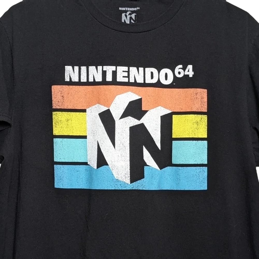 Nintendo 64 Black T-Shirt N64 Logo Over Stripes Men's Large Vintage Look EUC